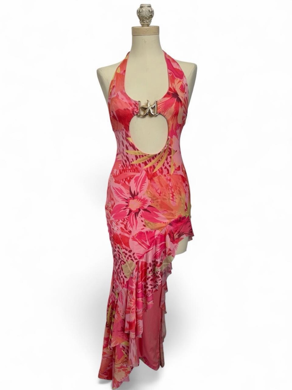 SHEIN Pink Floral One-Shoulder Cutout Maxi Dress